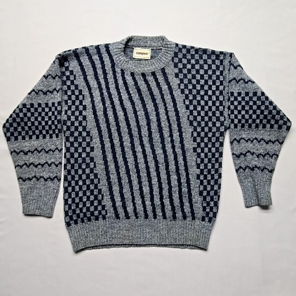 Vintage Checkered Pattern Sweater Campus Gray Blue Knit Mens Small 80s